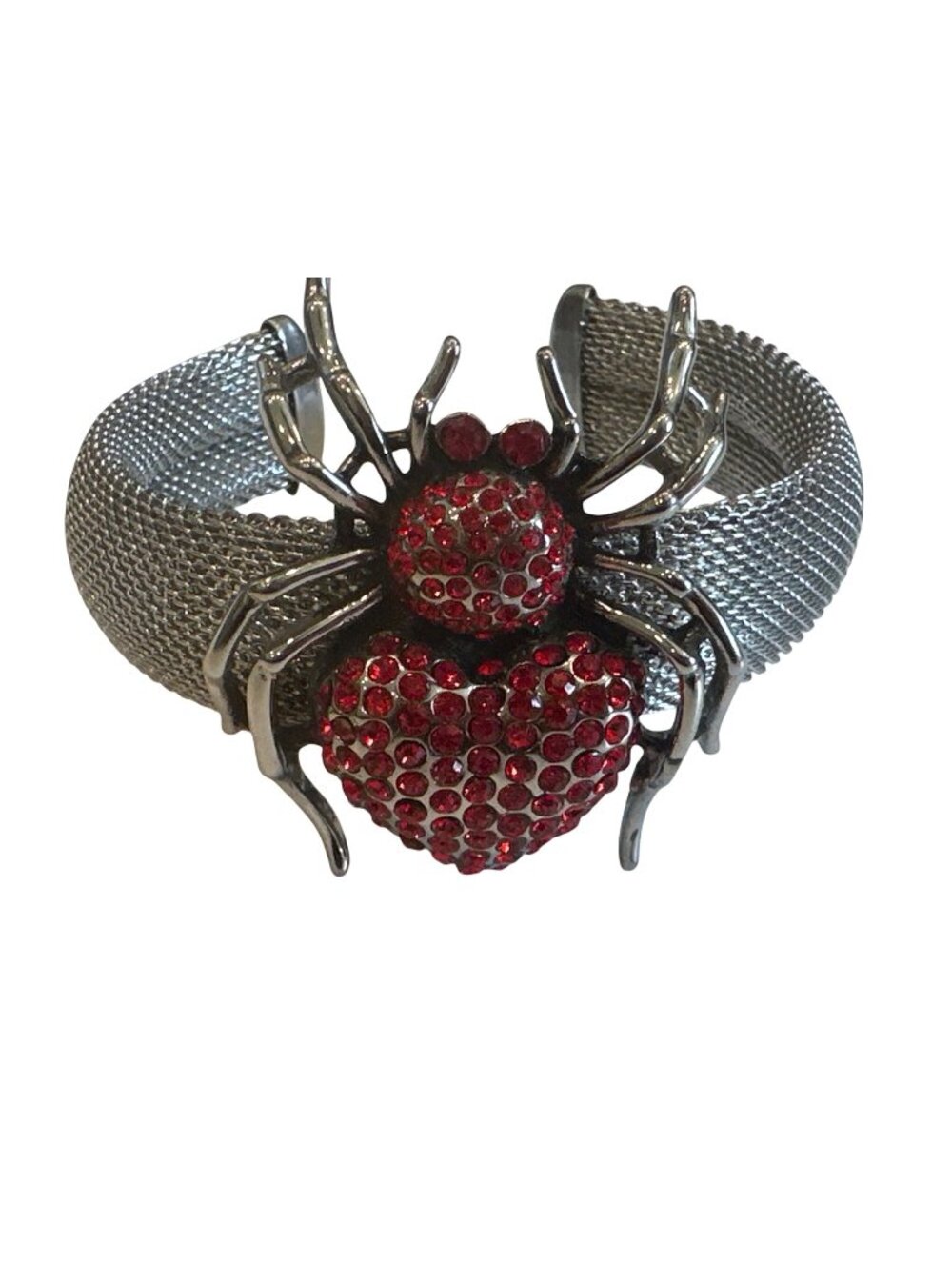 Spider Design Cuff Bracelet With Red Rhinestones & Silver Mesh Band